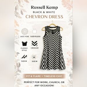 Russell Kemp Black White Chevron Dress Lace Yoke Sleeveless Fit & Flare M, NWT